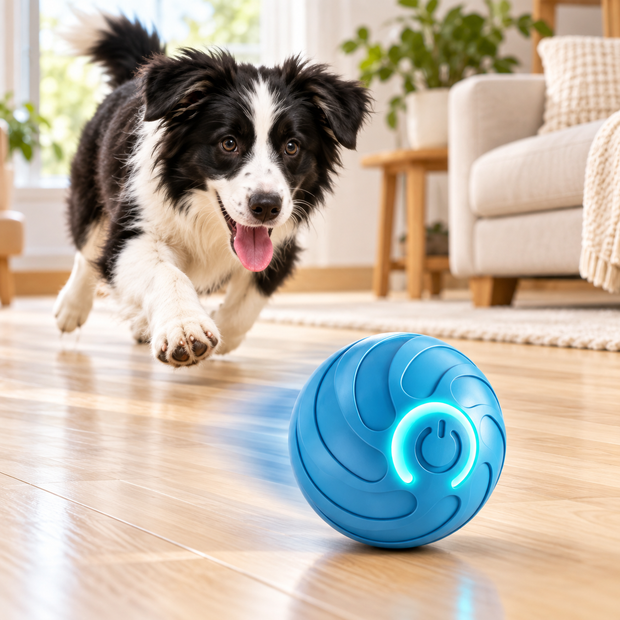 Chien poursuivant la Balle Intelligente Turbo bleue