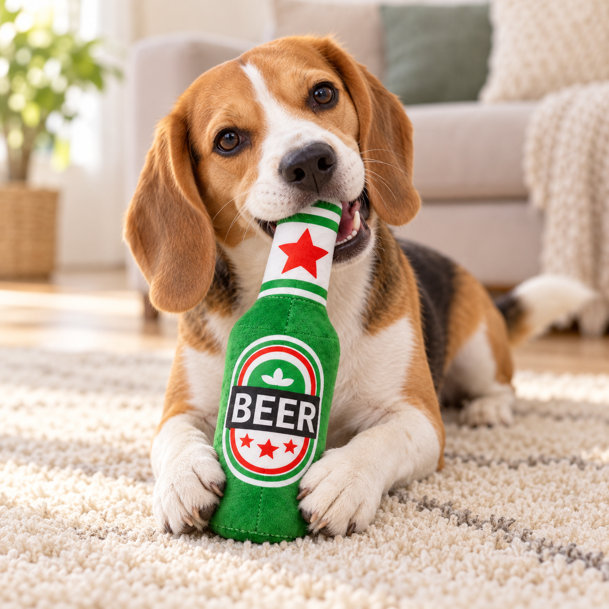 Beagle jouant avec le jouet Bouteille Festive Bière