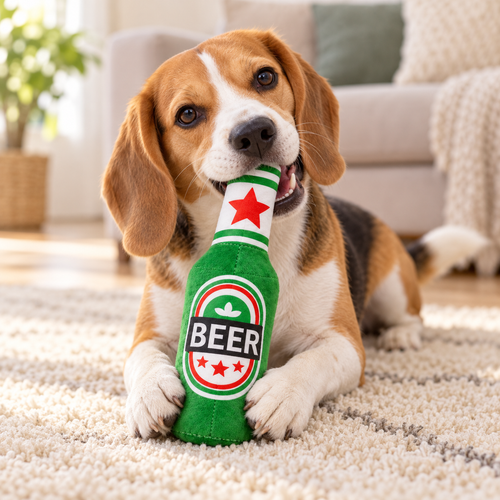 Beagle jouant avec le jouet Bouteille Festive Bière