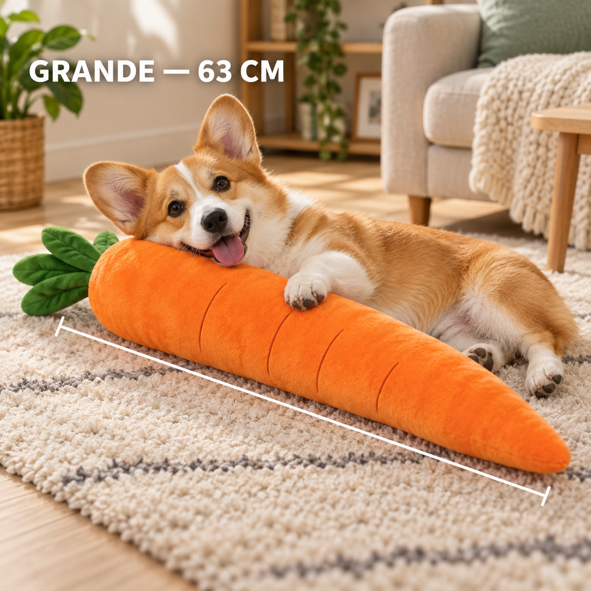 Grande carotte en peluche pour chien, longueur 63 cm