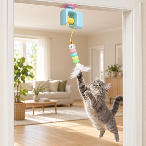 Chat gris jouant avec le jouet Danse des Plumes bleu