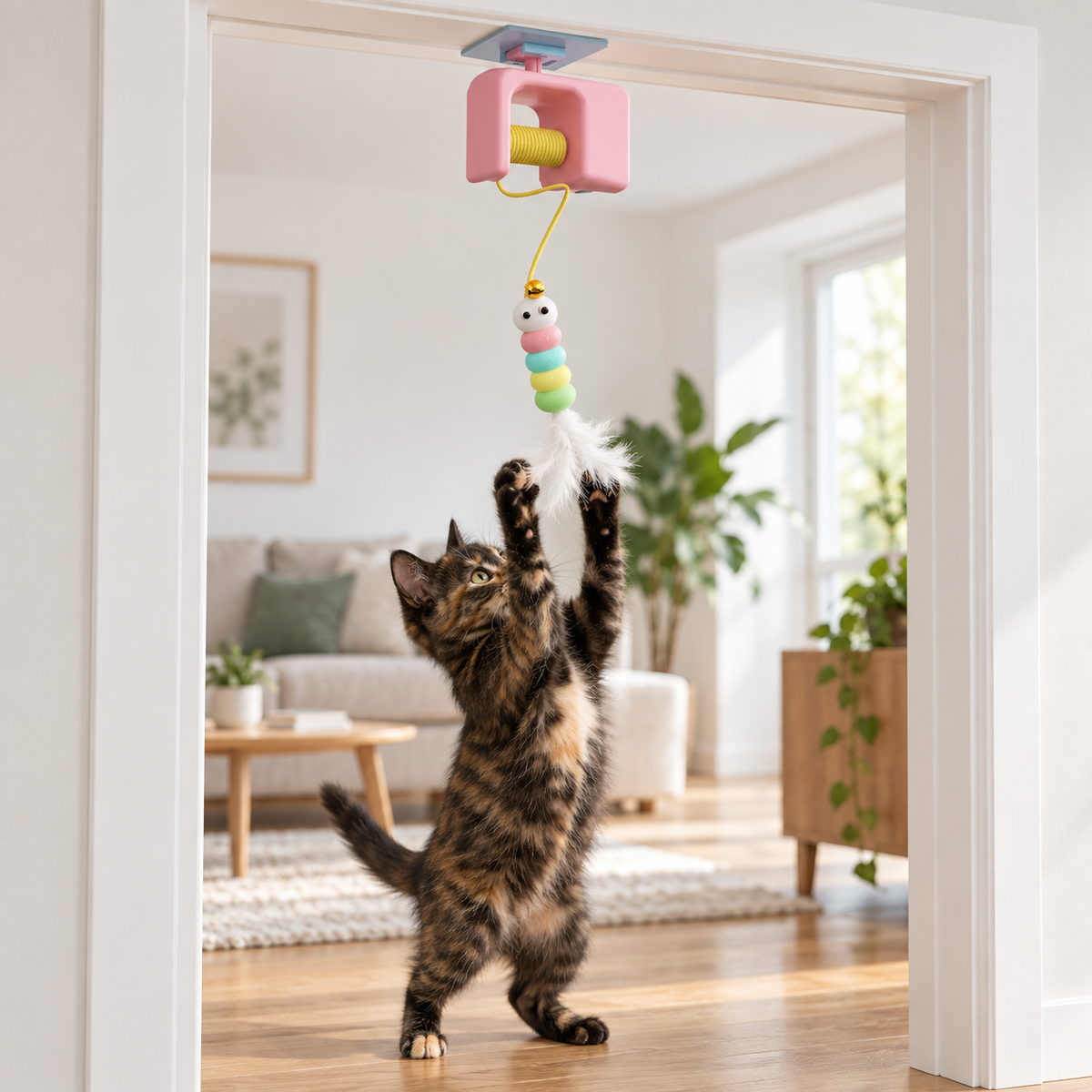 Chatte jouant avec le jouet Danse des Plumes rose