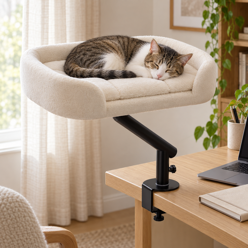 Hamac de bureau Ronron beige avec un chat endormi
