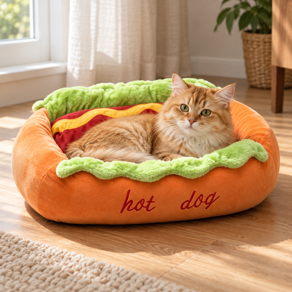 Chat roux installé dans le panier Hot-Dog Dodo