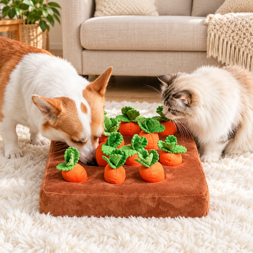 Chien et chat jouant avec le Jardin de Carottes