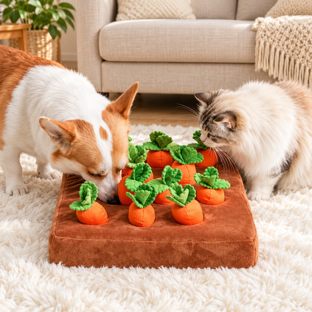 Chien et chat jouant avec le Jardin de Carottes