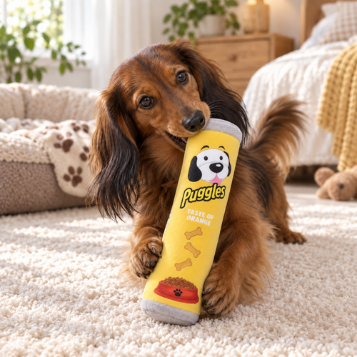 Teckel jouant avec le paquet Puggles jaune