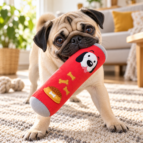 Carlin jouant avec la peluche boîte de chips rouge