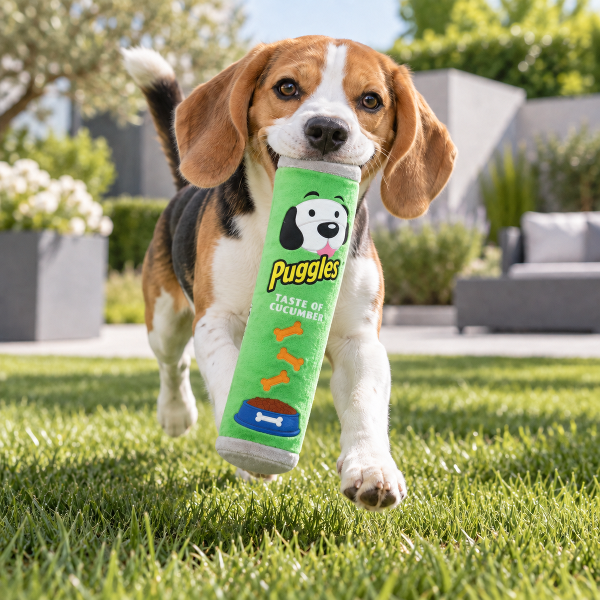 Beagle jouant avec le paquet Puggles vert