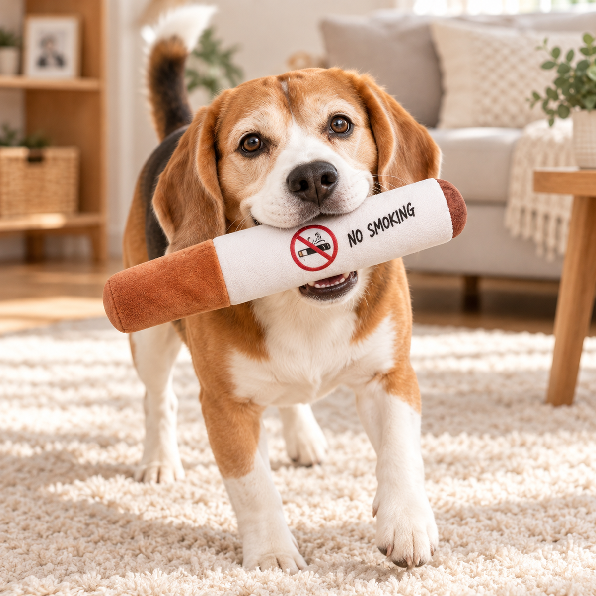 Chien jouant avec une cigarette en peluche standard
