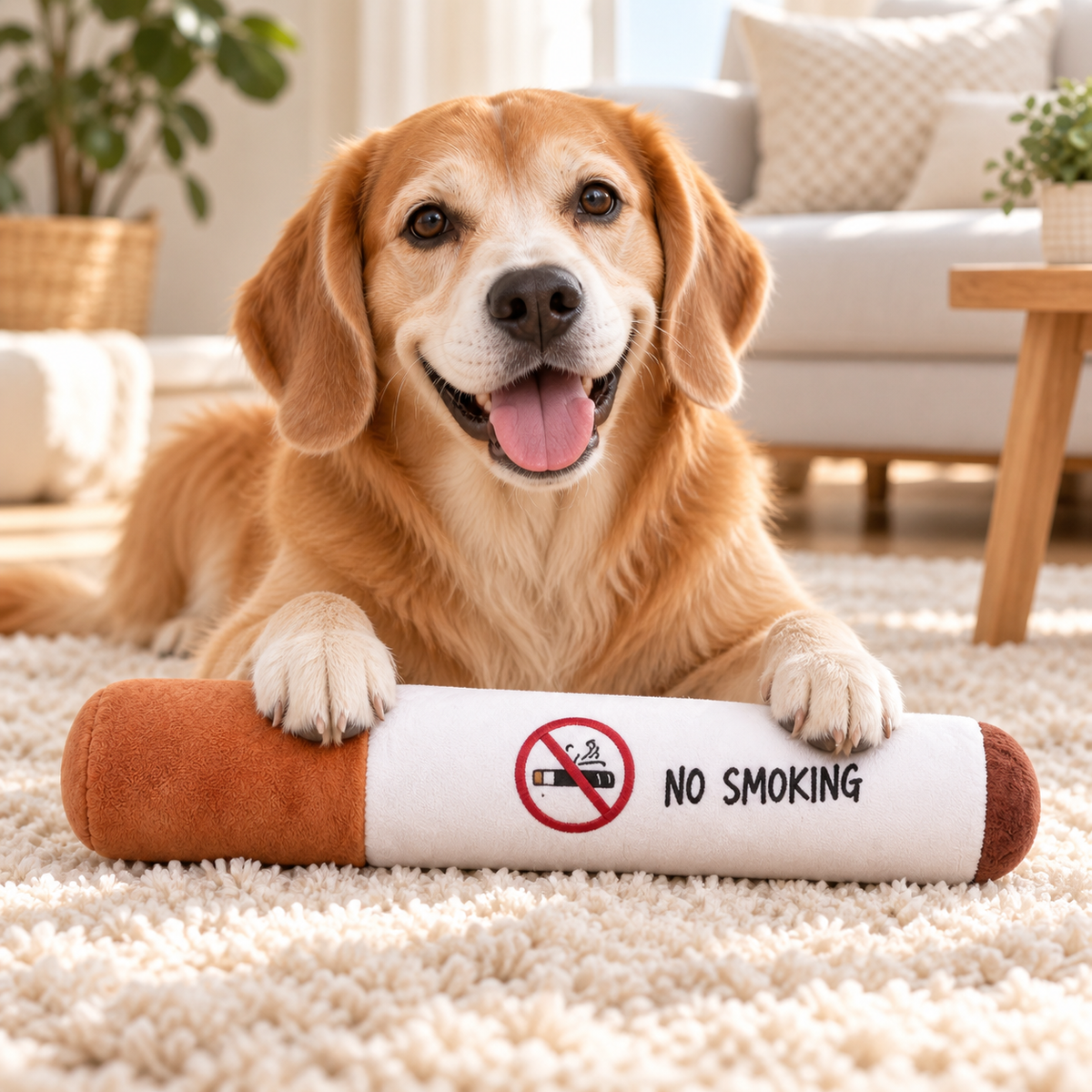 Chien avec une cigarette XXL en peluche