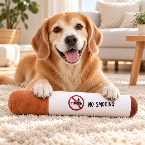 Chien avec une cigarette XXL en peluche