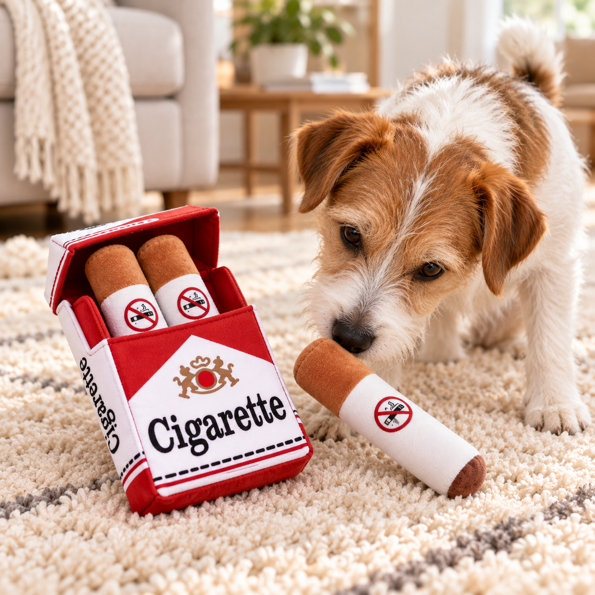 Chien découvrant le paquet de trois cigarettes en peluche