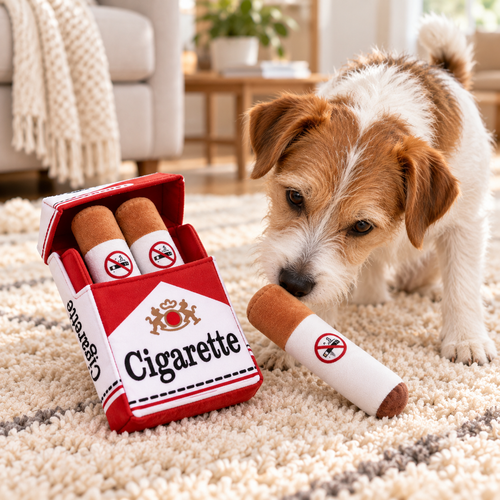 Chien découvrant le paquet de trois cigarettes en peluche