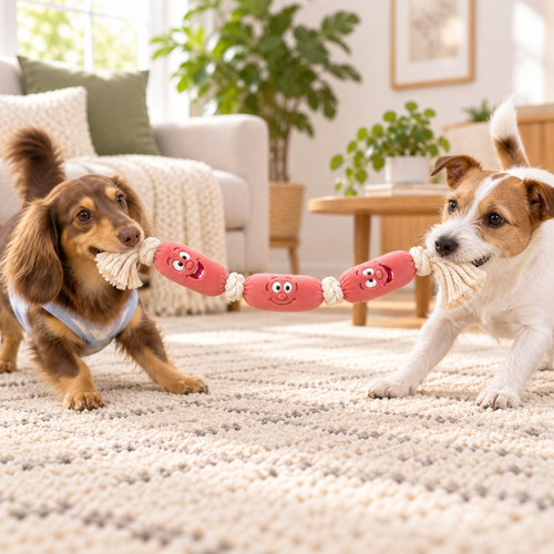 Deux chiens jouant à tirer avec le Jouet Saucisse Rigolote