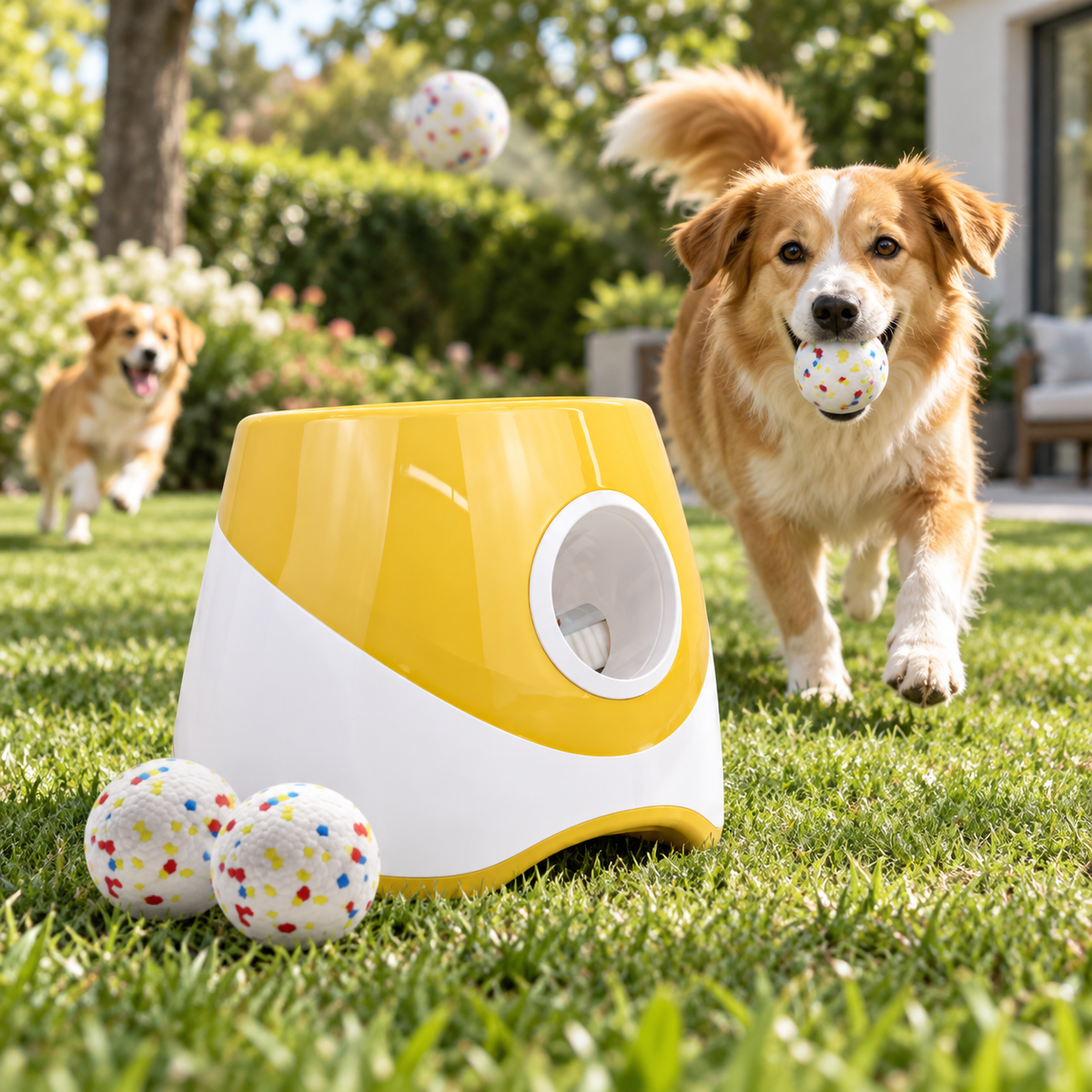 Chien jouant avec le lanceur de balles automatique jaune