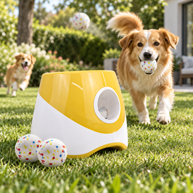 Chien jouant avec le lanceur de balles automatique jaune