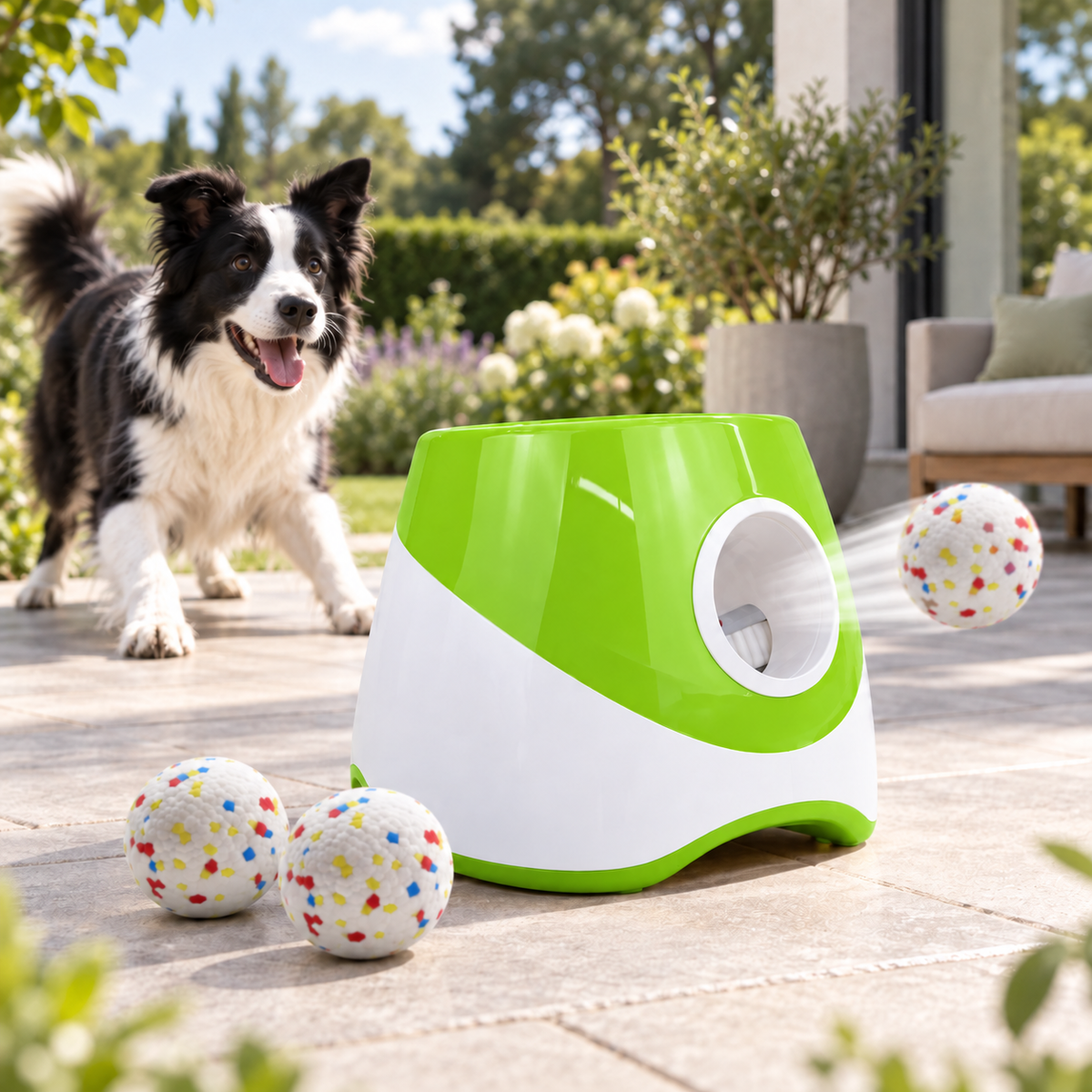 Border collie devant le lanceur de balles automatique vert