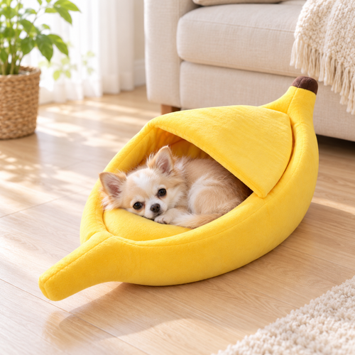Petit chien installé dans le Lit Banane Câline jaune dans un salon lumineux