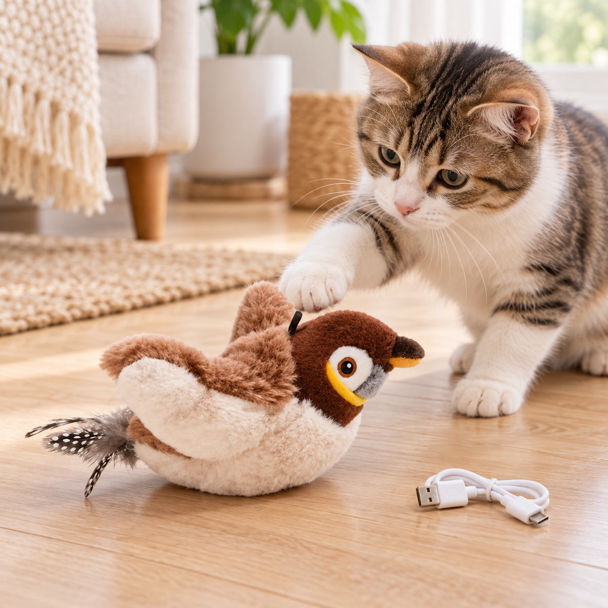 Oiseau interactif USB pour chat, modèle Moineau brun