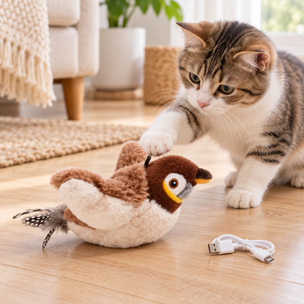Oiseau interactif USB pour chat, modèle Moineau brun
