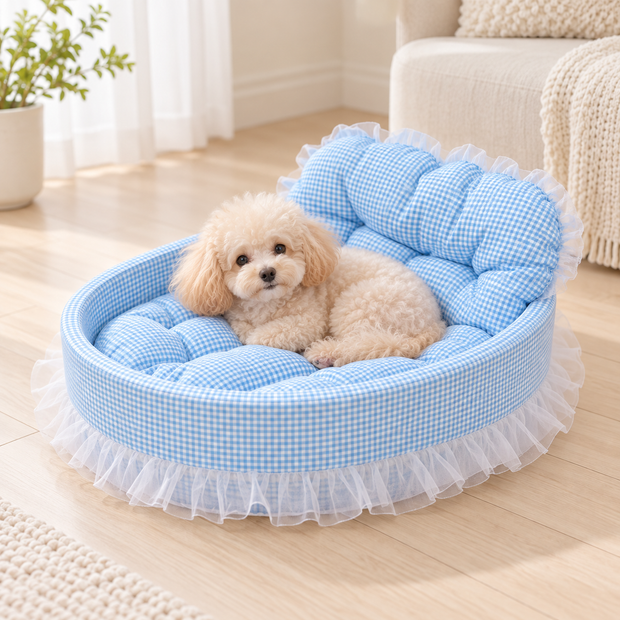 Panier Velours Vichy bleu avec un petit chien