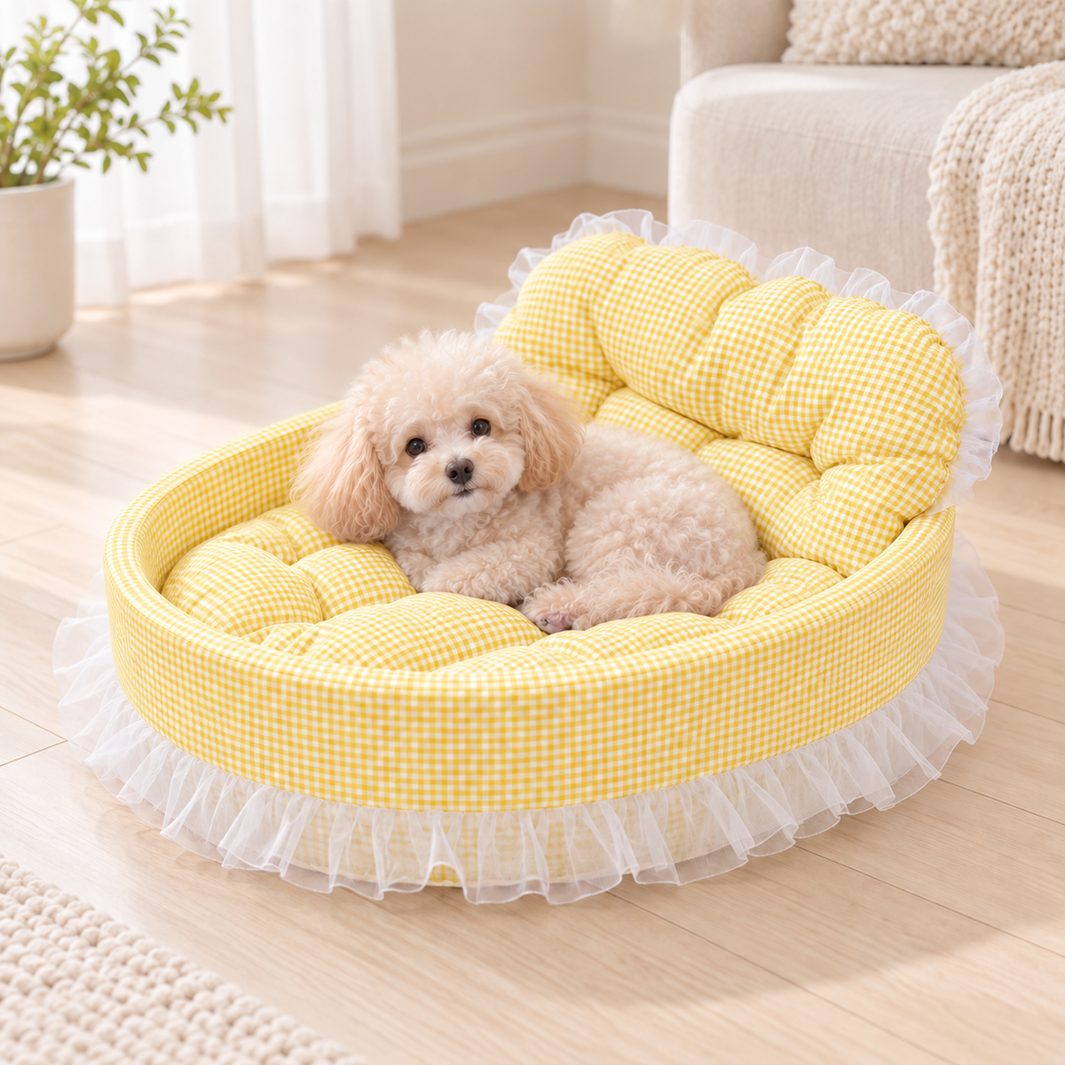 Panier Velours Vichy jaune avec un petit chien