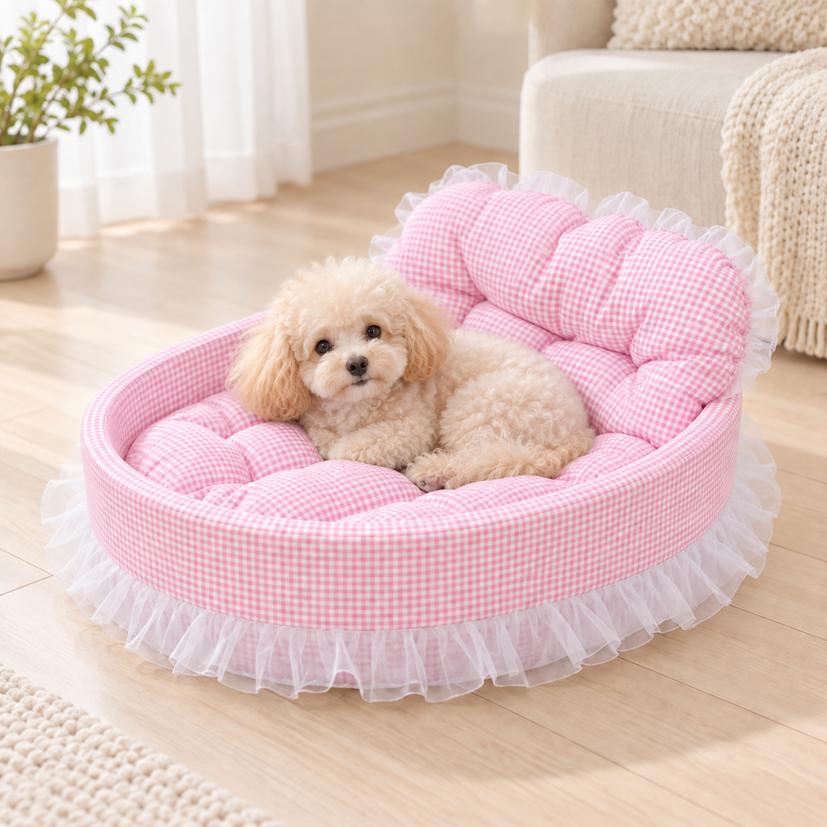 Panier Velours Vichy rose avec un petit chien