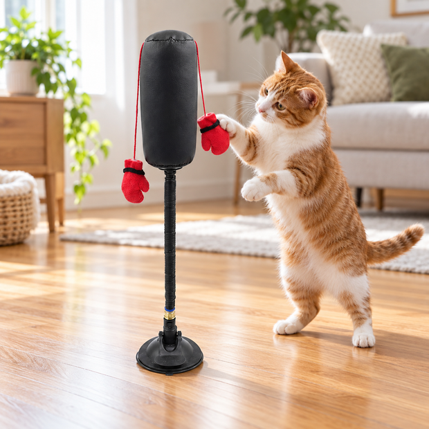 Chat roux jouant avec le punching-ball pour chat