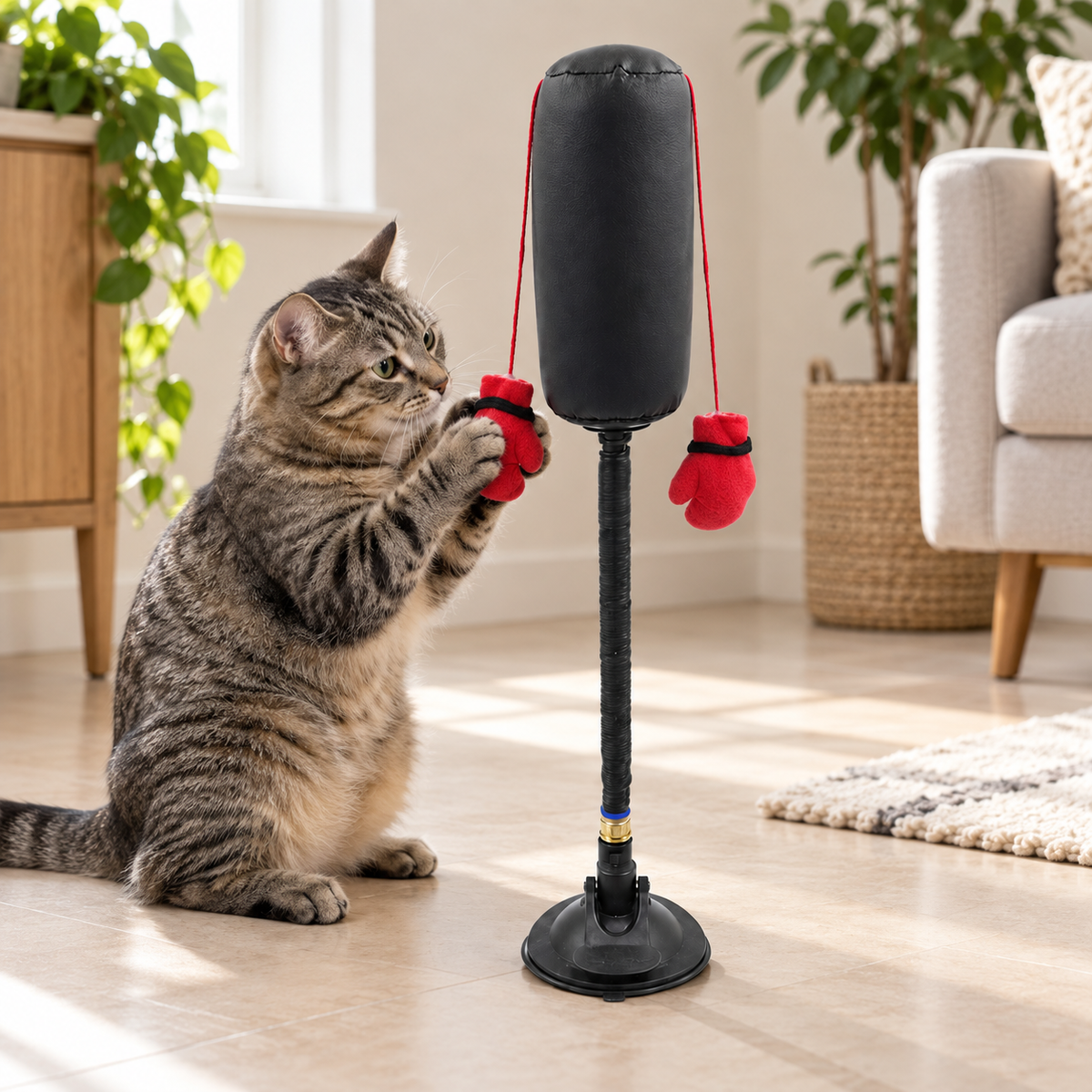 Chat tigré attrapant les gants du punching-ball