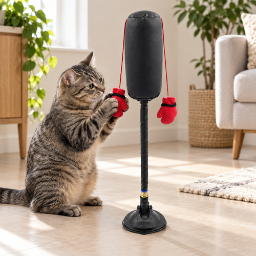 Chat tigré attrapant les gants du punching-ball